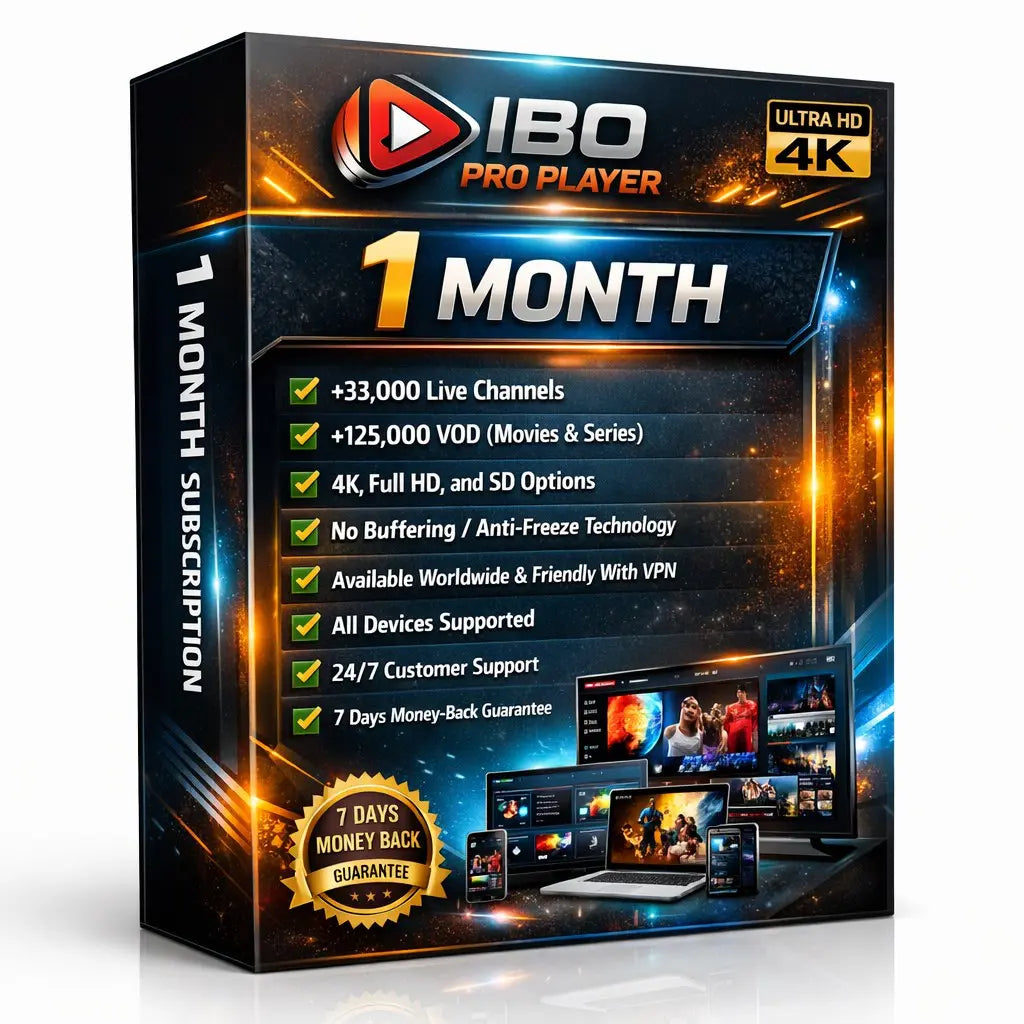 IBO Player monthly IPTV plan
1 month IPTV access for IBO Player